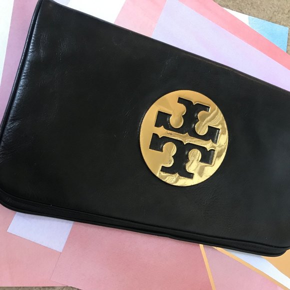 Tory Burch Handbags - Tory Burch Black & Gold "Reva" Clutch Bag